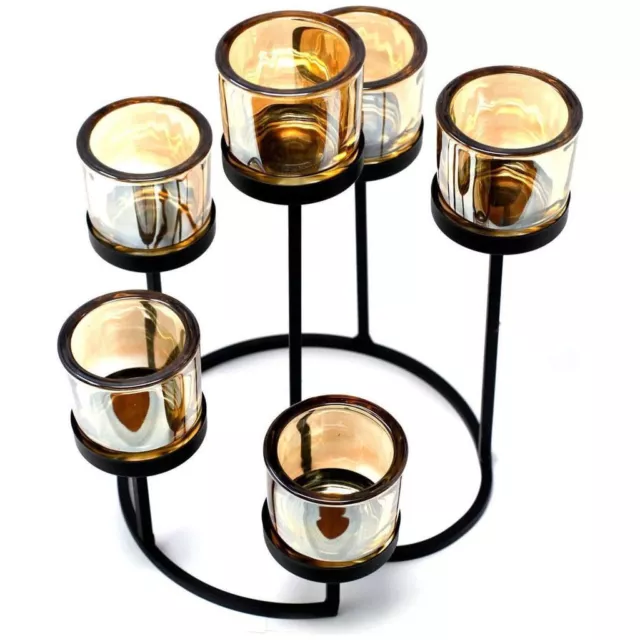 Portavelas de luz de té votivo de hierro para centro de pieza - hierro y vidrio negro