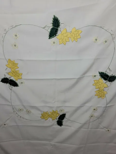Vintage White Square Tablecloth Applique & Embroidered Multicolor Floral 58"x58"