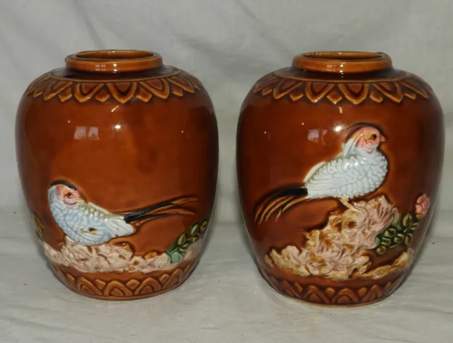 Paire de vases en BARBOTINE Décor oiseaux "JAPAN" (13 cm)