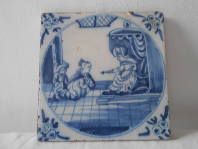 Antique Dutch Delft Biblical Tile 18th century. Pottery .Ancien carreau .  G...