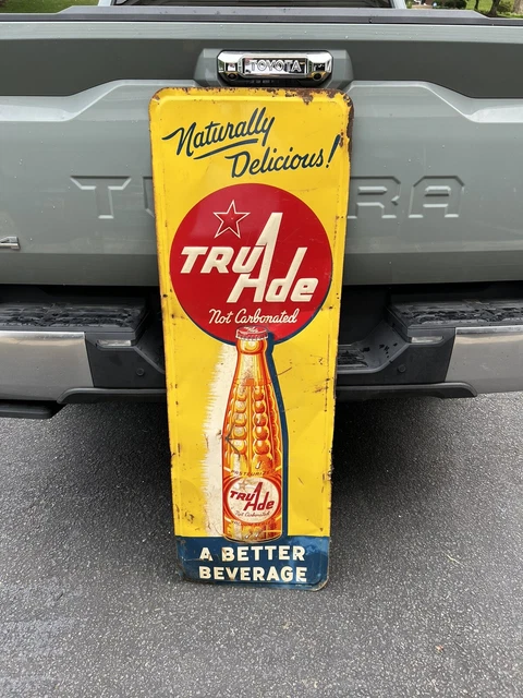 Tru Ade Soda Vintage Metal Advertising Sign Embossed Bottle 54” HTF