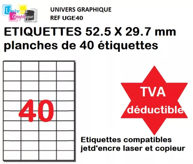 Feuilles A4 de 40 étiquettes Étiquette autocollante  52,5 x 29,7 mm ( 52 X 30 )