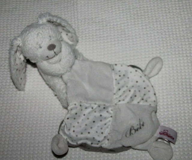 Doudou  Pommette Lapin  Blanc Mouchoir  Bebe Pois Gris Blanc