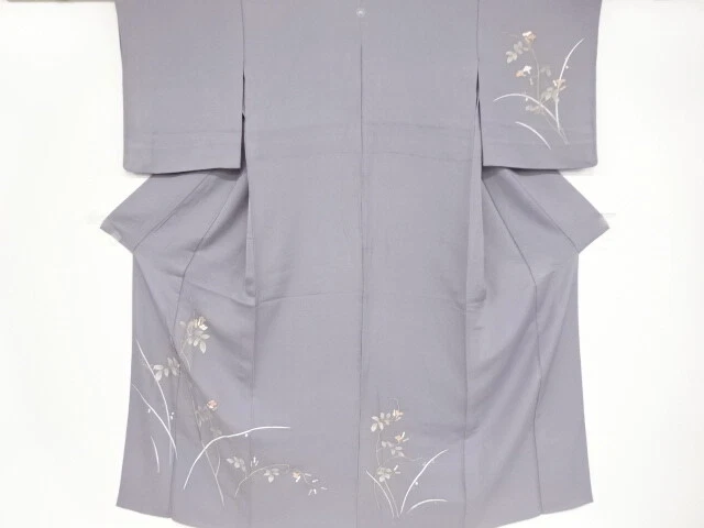 44909# Japanese Kimono / Antique Hitoe Kimono / Embroidery / Floral Plants