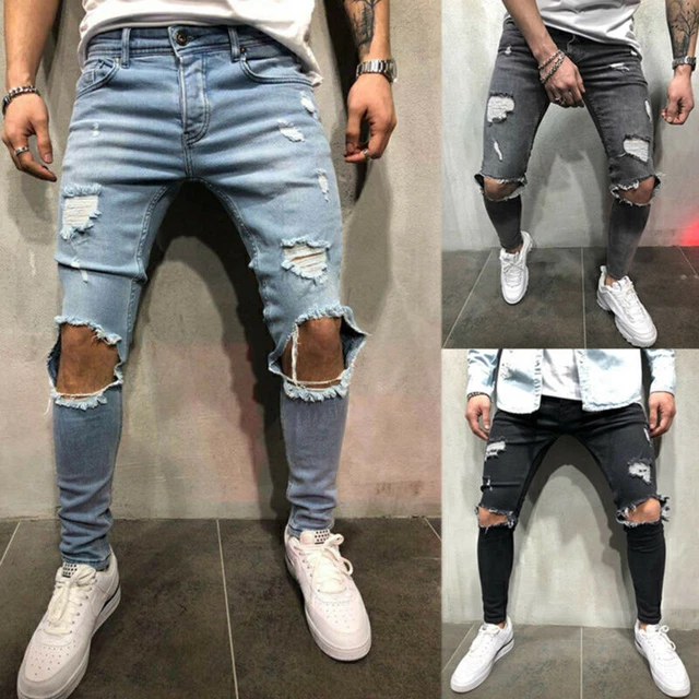 Mens Ripped Skinny Jeans Biker Pants Casual Distressed Frayed Trouser Bottoms US
