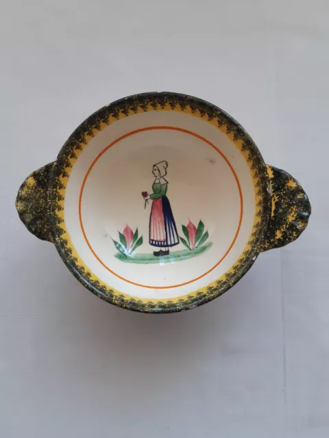 Vintage Henriot Quimper Pottery Soup Bowl Lug Handles Breton Lady SUZANNE Fr.