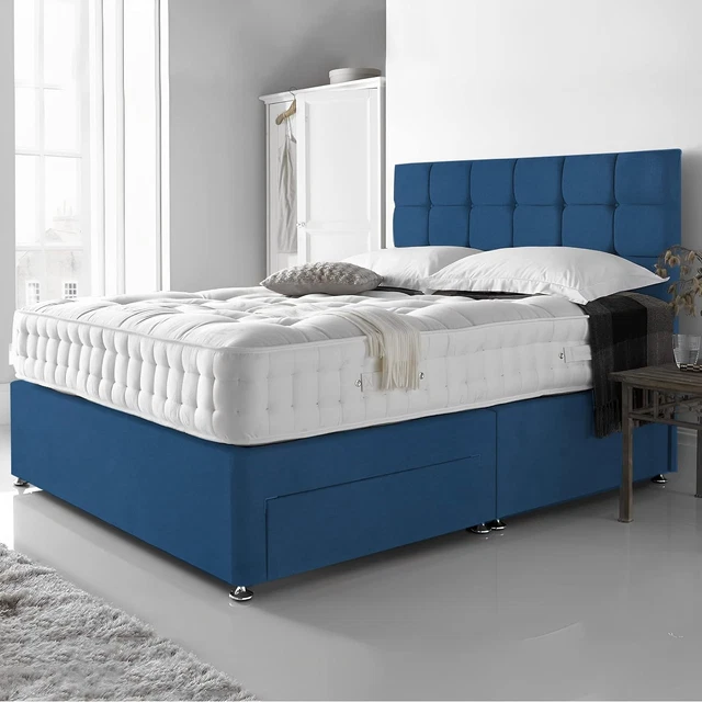 DOUBLE DIVAN BED Set 4ft6 With Mattress & 4 Drawers Storage Blue Plush ...