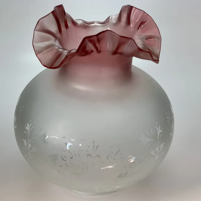 Etched Satin Glass Cranberry Ruffle Top Parlor Oil Lamp Ball Shade Banquet Globe