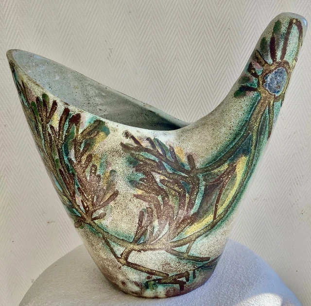 VASE ZOOMORPHISME en céramique  décor D'OISEAU signé  ACCOLAY  et GUY - XXL