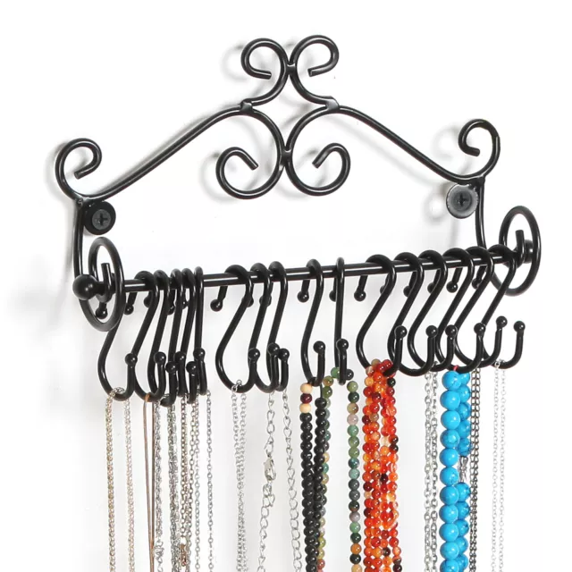 Wall Mounted Black Metal Jewelry Organizer, Necklace Storage Rack w/ 20 S-Hooks