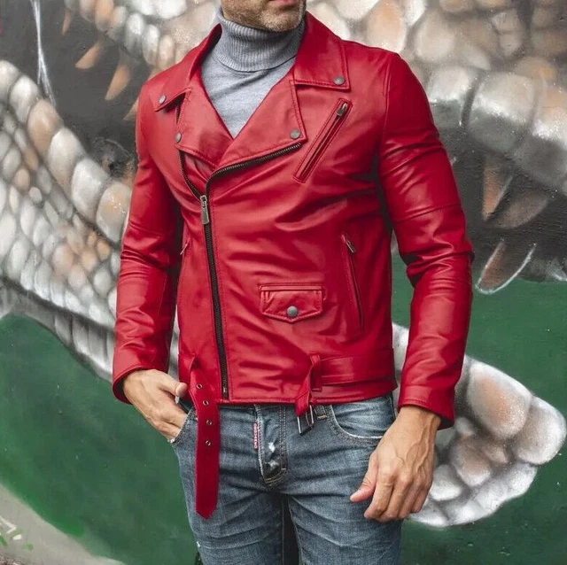 Leather Jacket for Men Red Pure Lambskin Biker Size XS S M L XL XXL Custom Made