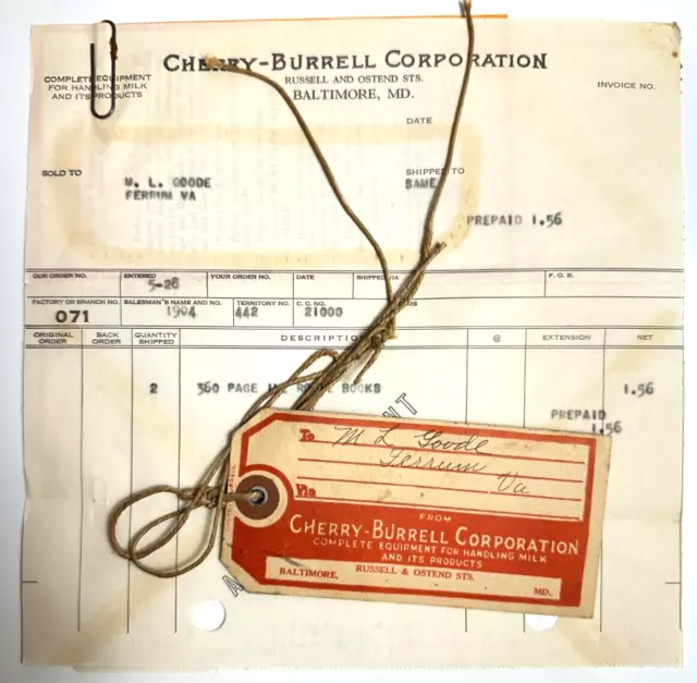 1930s CHERRY BURRELL WILDBERG CRATES RECEIPT TAG ADVERTISING FLYER BALTIMORE MD