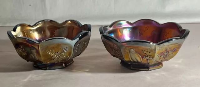 2 Northwood Amethyst Carnival Glass Singing Birds 5" Berry Bowls