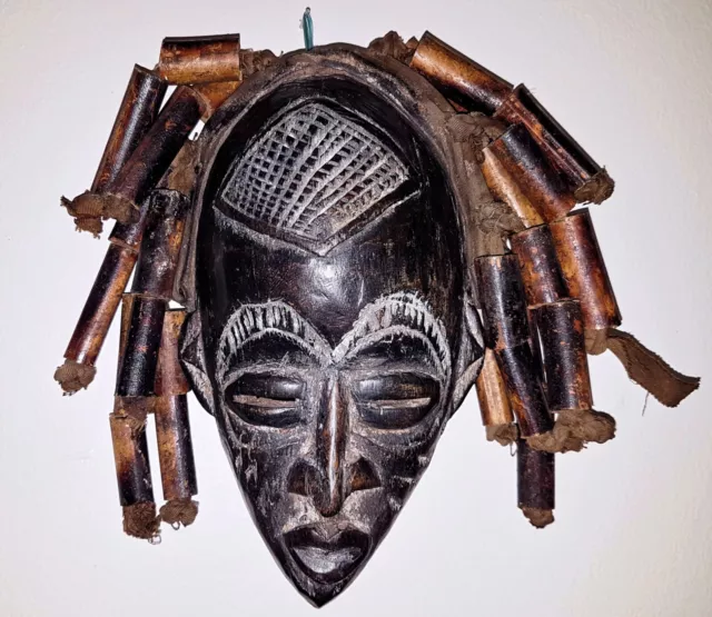 Handmade Wood African Mask | Congo Tribal Chokwe Chikunga with Bamboo Hair