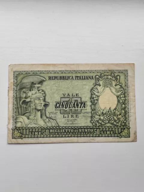 1951 Italy 50 Fifty Lire Green Banknote Circulated GB UK Italia 3