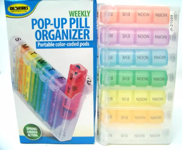 Ideaworks Weekly Pop-Up Pill Organizer Portable Color Coded NOB