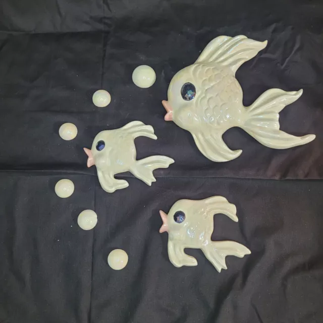 Vtg MCM Ceramic White Pink Iridescent Fish And Bubbles Wall Hanging Set of 9