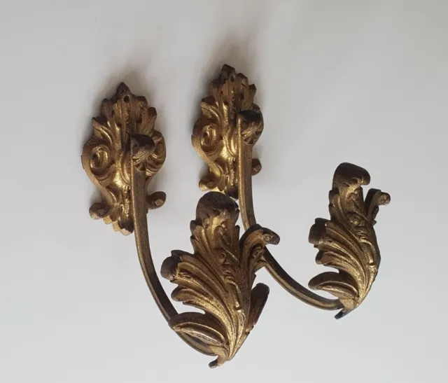 Pair Antique Brass Curtain Tie Hold Back Hook French Old Victorian Roccoco Gilt