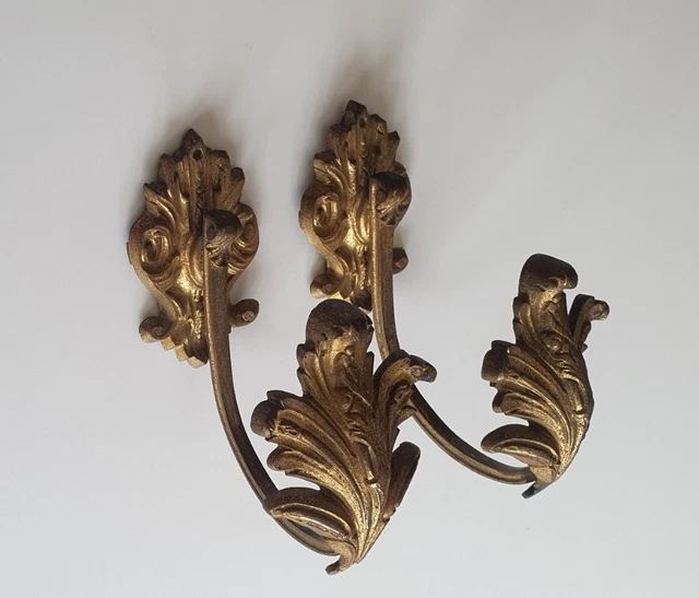 Pair Antique Brass Curtain Tie Hold Back Hook French Old Victorian Roccoco Gilt