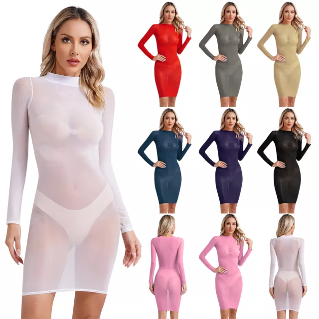 Abito da donna See Through Bodycon sexy collo rotondo manica lunga abito midi abbigliamento da notte