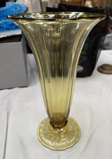 Steuben Vase Amber Optic Ribbed TALL Footed signed Fleur de Lis 10" Gorgeous!