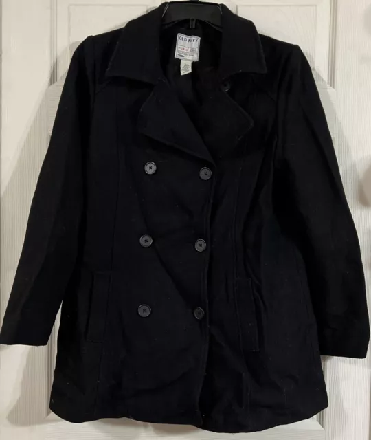 Old Navy Coat Women’s L Black Double Breasted Peacoat Wool Blend Button Unbelted