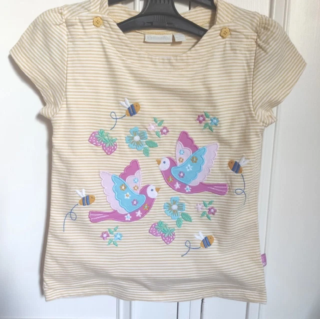 Jojo Maman Bebe Baby Girls Short Sleeve Bird Appliqué Top 4-5y VGC