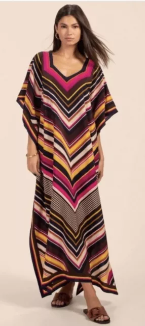 Trina Turk Theodora Silk Midi/Maxi Dress  Caftan Striped Dress M/L $368