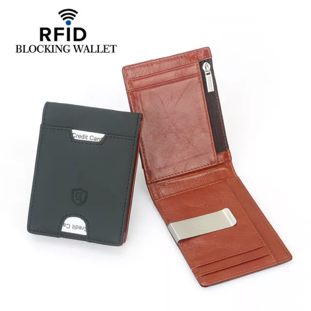 Men's Genuine Leather Billfold Slim Wallet RFID Blocking Money Clip Card Holder