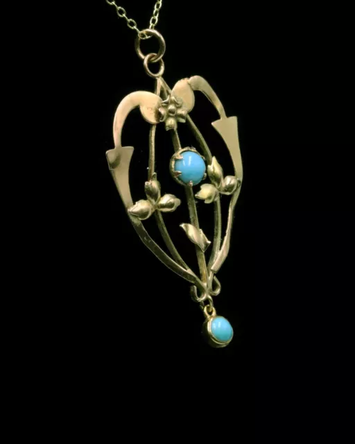 Antique art nouveau 9ct gold turquoise pendant with chain