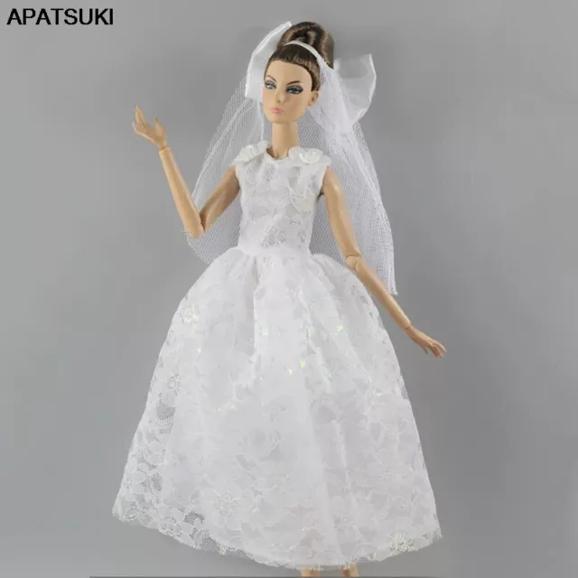 Weiße Mode Hochzeitskleid für Barbie Puppe Outfits & Schleier 1/6 Puppe Zubehör