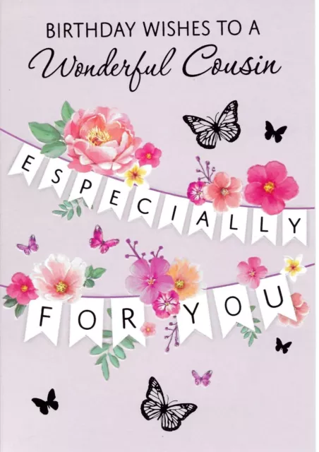 Wonderful Cousin Female Birthday Greeting Card 7"X5" Flowers And Bunting