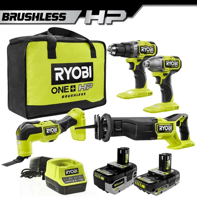 Ryobi 18 V ONE+™ HP kit combinato brushless 4 utensili con batterie HP 4,0 Ah e 2,0 Ah