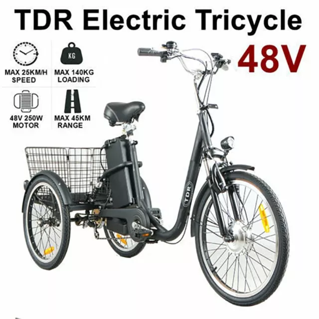 Black 250W 48V Electric Bike Tricycle Trike eBike Tour City Scooter Push Bicycle