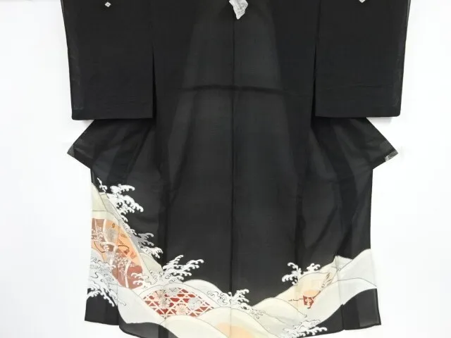 10147# Japanese Kimono / Antique Tomesode For Summer / Embroidery / Rough Wave &