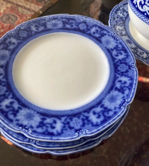 5 FLOW BLUE & WHITE  BREAD & BUTTER PLATES GRINDLEY GLENMORE ENGLAND -6.5 Inches