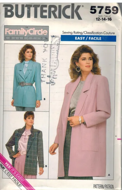 5759 Vintage Butterick SEWING Pattern Misses Loose Fitting Unlined Jacket UNCUT