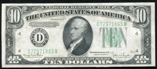 1934-D $10 Ten Dollars Frn Federal Reserve Note Cleveland, Oh Gem Unc