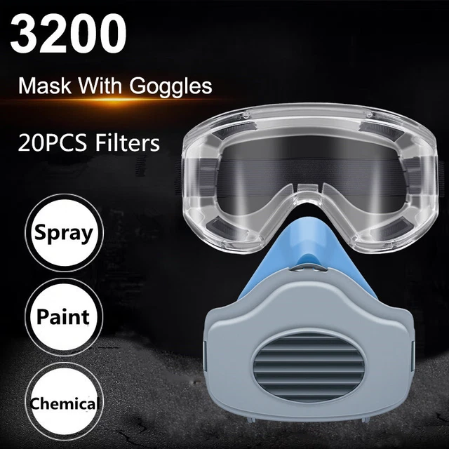 Half Face Gas Mask Cover Chemical Respirator Reusable Safety +Goggles 20 Filters