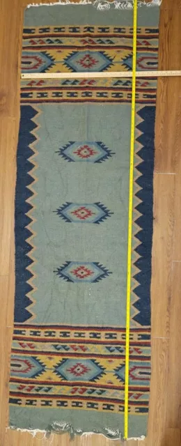 Vintage Zapotec Wool Hand woven Weaving Fringed Rug 30 x 95 3