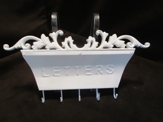 Retro Metal Wall Mount Letter and Key Holder rack white enameled 7.25" t x 14" W