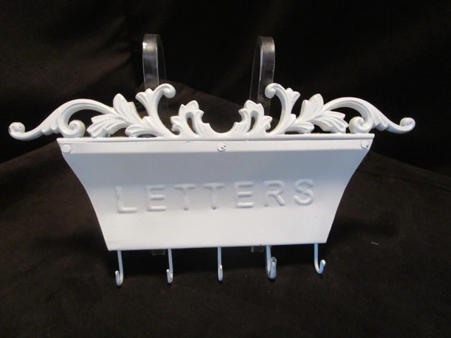 Retro Metal Wall Mount Letter and Key Holder rack white enameled 7.25" t x 14" W