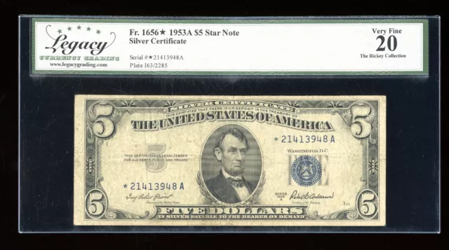 DBR 1953-A $5 Silver STAR Fr. 1656* Legacy VF-20 Serial *21413948A