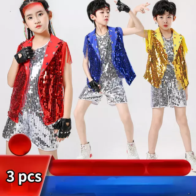 3x Bambine Ragazzo Paillettes Costume Set Abiti per la Danza Jazz Gilet Lucido