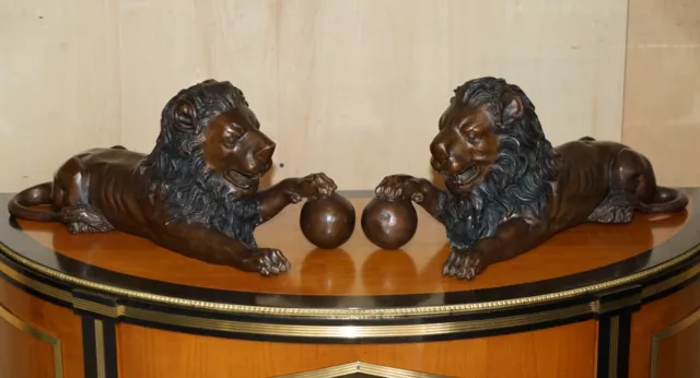 Pair Of Large Antique Recumbent Lion Bronze Statues Super Decorative Must See