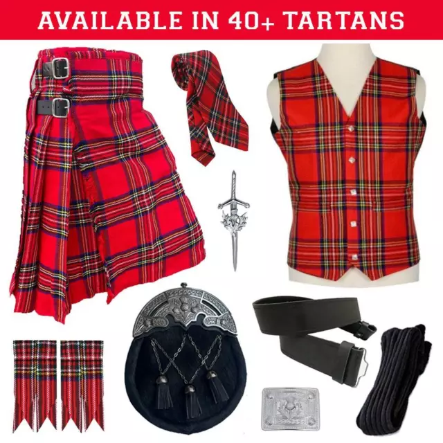 Scottish Kilt Outfit 9 Pcs Traditional Kilt Set With Vest In 40+ Clan Tartans