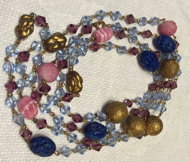 Art Deco 54" L Czech Art Glass, Brass Bead & Crystal Necklace