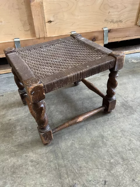 Lovely Old Antique Oak Foot Stool Seat with Woven Seat And Barley Twist Feet