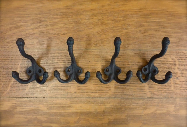 4 BROWN ANTIQUE-STYLE TRIPLE THREE COAT HOOK CAST IRON rustic wall hardware hat