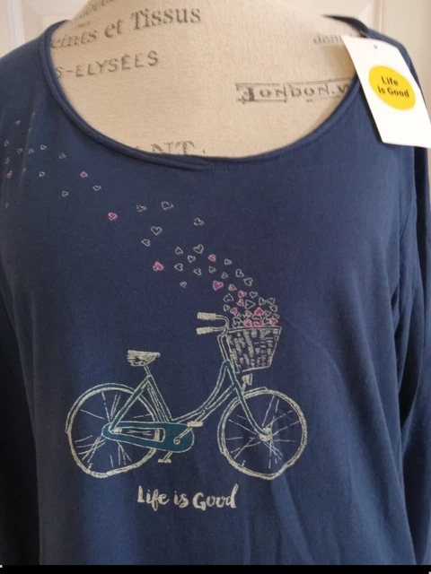 NWT~LIFE IS GOOD~~smooth tee~ T-SHIRT~top~*BIKE~HEART~BASKET*~navy blue~L/Slv~L